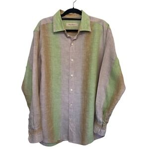 Tommy Bahama Pink & Green LaLoca Pink Sweet Pickle Stripe Linen Shirt Size Large